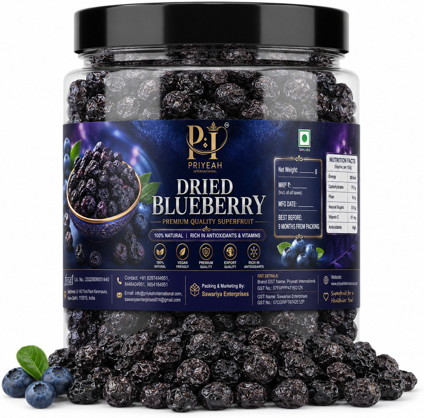 Priyeah international Dried Blueberry | Premium Dried Blueberries, Sweet & Tangy Fruit Snack Blueberry(1 x 250 g)