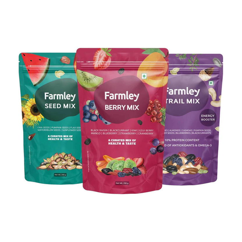 Farmley Farmley Trail Mix Dry Fruits 200g, Dried Berry Mix 200g, Seed Mix 200g, Total 600g Combo(3 x 200 g) - Flipkart Deal