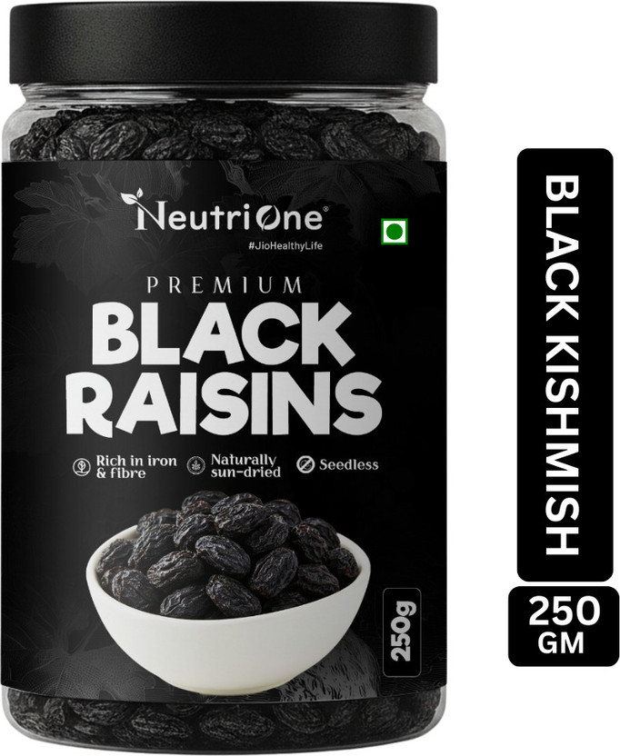 NeutriOne Premium Black Raisins Kishmish | Seedless Dry Fruit | Rich in Iron | Kismish Raisins(1 x 250 g)