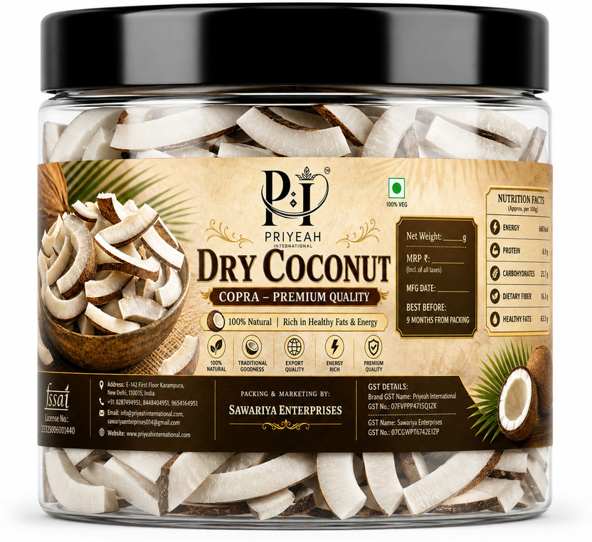 Priyeah international Dried Coconut Slices Premium Coconut Chips Natural Dry Fruit Healthy Snack Coconut(1 x 500 g)