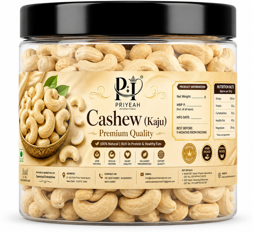 Priyeah international Premium Cashew Nuts Whole Kaju Dry Fruits Fresh Crunchy Healthy Snack Cashews(1 x 250 g)