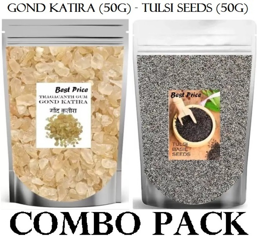 Best Price Summer Combo - Tulsi/Sabja Seeds 50Gm & Gond Katira 50 Gm | For Summer Hydration Dried Gum(2 x 50 g)