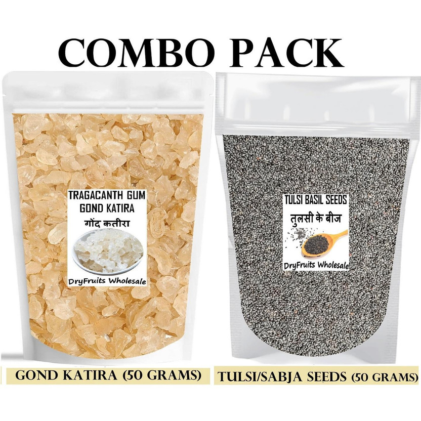 dryfruits wholesale Summer Combo - Tulsi/Sabja Seeds 50Gm & Gond Katira 50 Gm | For Summer Hydration Dried Gum(2 x 50 g)