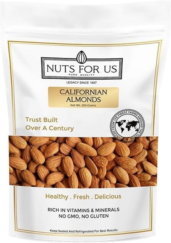 Nuts For US California Almonds (Badam) | High Protein Healthy Dry Fruits | Premium Quality Almonds(1 x 250 g)