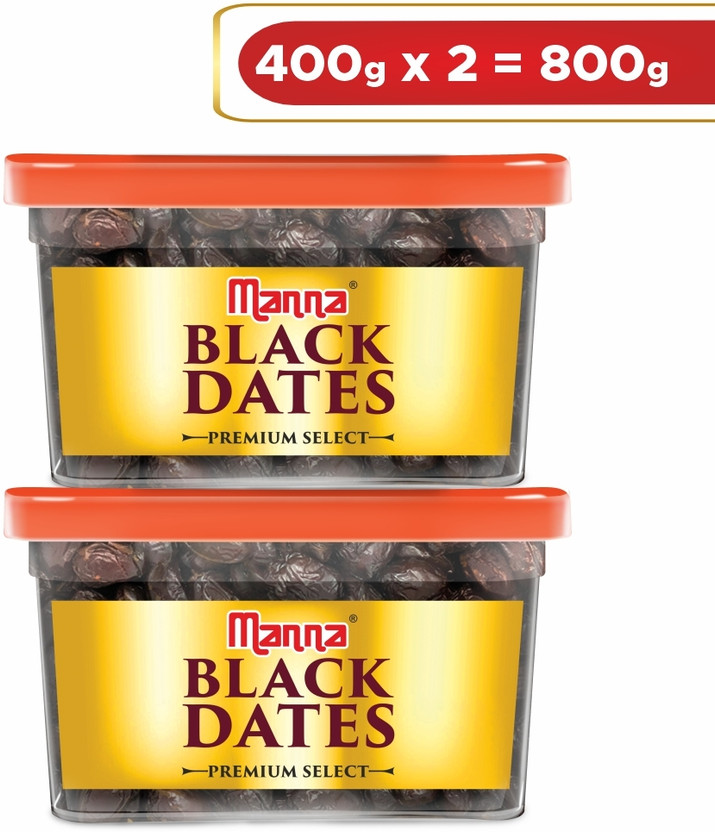 Manna Black Dates - 800g (400g x 2 Packs) | Select Premium Organic Handpicked Dates | Khajoor | Khajur | Soft Dried Healthy Snack | Soft & Juicy texture | Zero Added Sugar & Preservatives | Rich in Iron, Fibre & Vitamins Dry Dates Dry Dates(2 x 400 g)