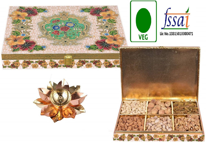 FOOD LIBRARY THE MAGIC OF NATURE Luxury Diwali Dry Fruits Gift Hamper Free Brass Lotus Diya (mm 1619) Assorted Nuts(1 x 600 g)