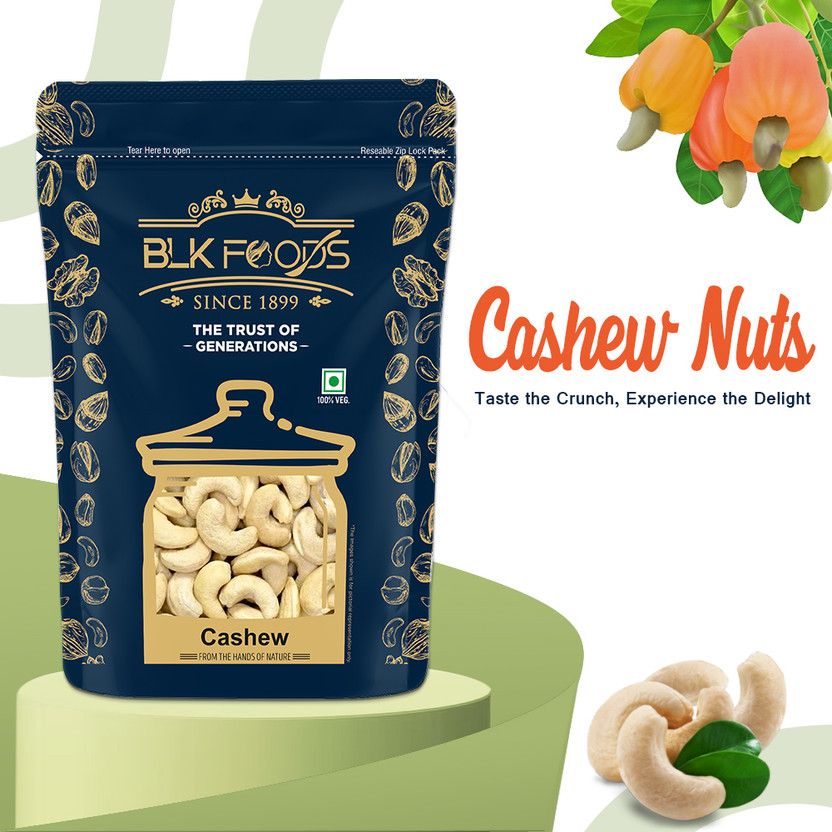 BLK FOODS Premium Whole 1kg Cashew Nuts Plain (100% Crunchy Kaju) Cashews(1 x 1000 g)