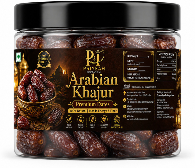 Priyeah international Arabian Khajur Premium Dates Natural Sweet Dry Fruits Healthy Snack Dates(1 x 500 g)