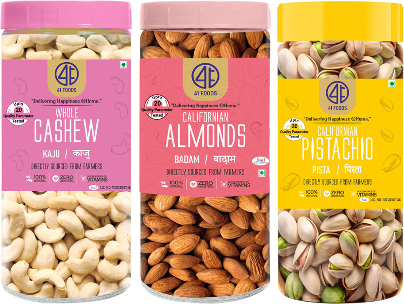 41 foods Dry fruits combo pack of Pistachios Almonds Cashews | kaju badam pista 450 GM Cashews, Almonds, Pistachios(3 x 150 g)