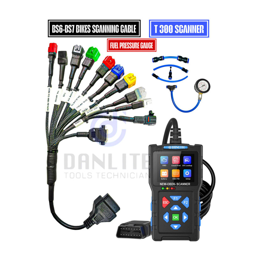 Danlite New Apdate T300 OBD-II BS6-BS7 Bike Cable With Fuel Pressure Gauge OBD Reader