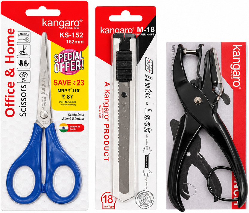 Kangaro Kangaro Office Essentials Combo –152mm Scissors+Paper Cutter+Single Hole Punch  Office Set(Multicolor)