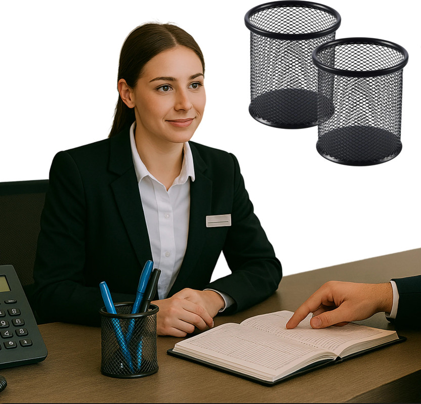 Goodwill Tech Round Metal Mesh Desktop Organizer & Pen Stand for Pens & Stationery-2pk  Office Set(Black)