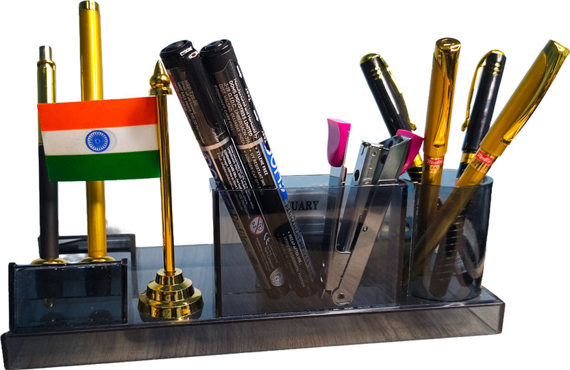 pragyans empo "Premium Transparent Desk Organizer with Calendar & Flag –23cmx14cmx8cm  Office Set(transparent black)