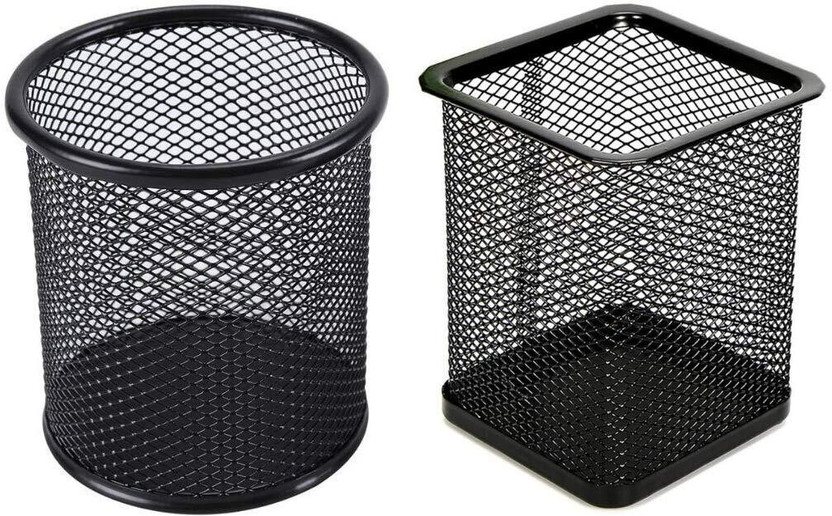 Goodwill Tech Round&Square Metal Mesh Desktop Organizer & Pen Stand for Pens & Stationery-2pk  Office Set(Black)
