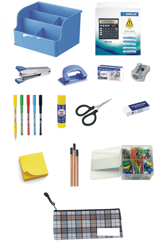 NOZOMI SOLO-BIG-PEN-STAND-CALCULOR-MIX-14-items-KIT+POUCH  Office Set(Multicolor)