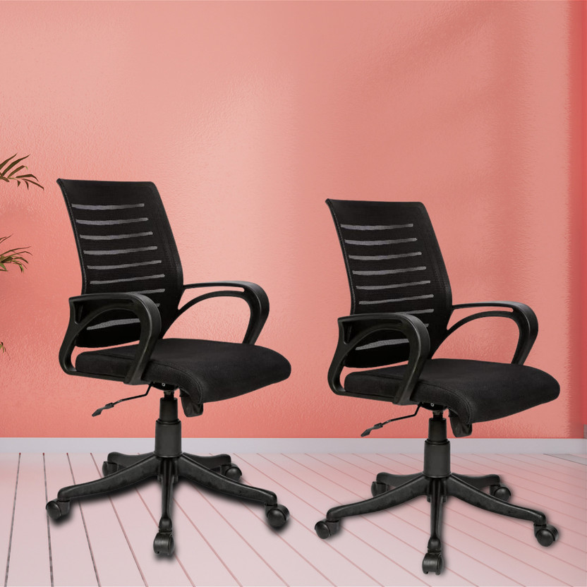 KVS INDIA MID Back Office Chair Ergonomic Chair, Adjustable Height, Fabric Office Executive Chair(Black, Set of 2, Optional Installation Available)