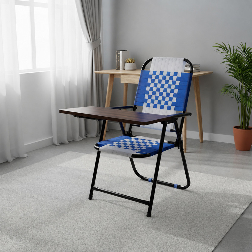 FURNIMAX Folding Study Chair Nylon Heavyduty Niwar Patta Strips & Adjustable Writing Pad Nylon Study Folding Chair(Blue, White, Pre-assembled)