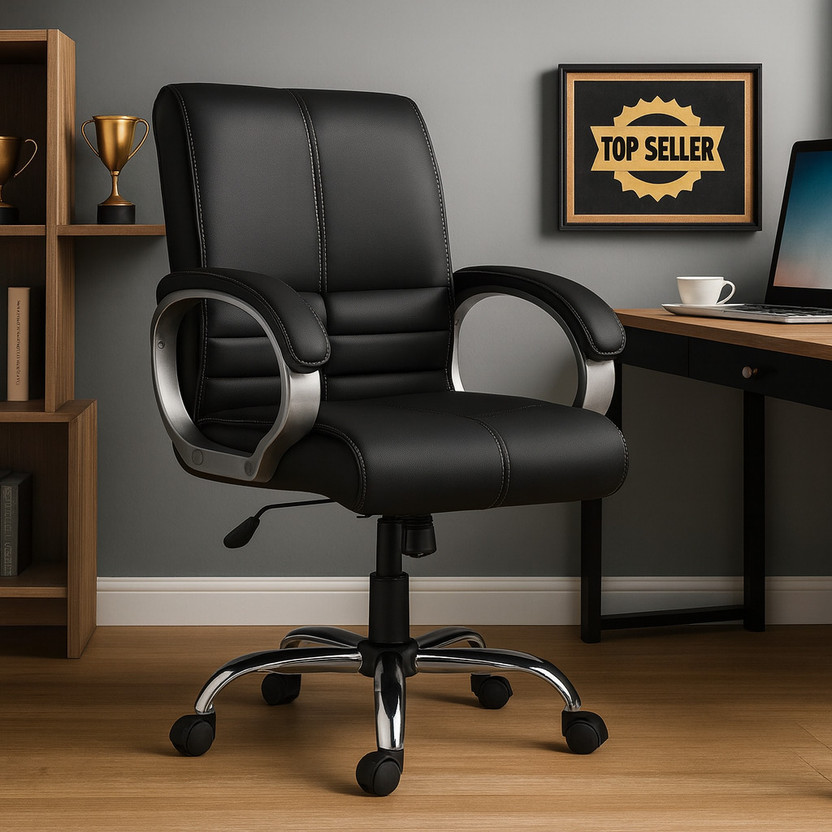 Newturn MAXSON Mid back Work from home/Office/study/desk(WFH) Leather Office Adjustable Arm Chair(Black, Optional Installation Available)