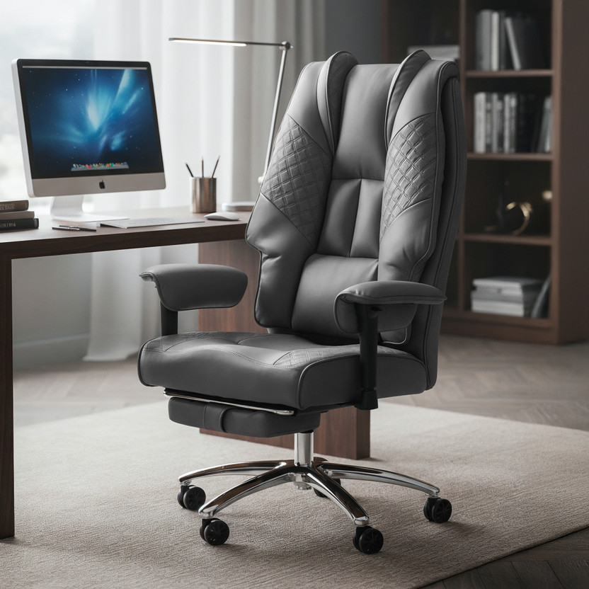Drogo High Back Ergonomic Office Chair for Work from Home with Armrest & Footrest Leather Office Executive Chair(Grey, Optional Installation Available)