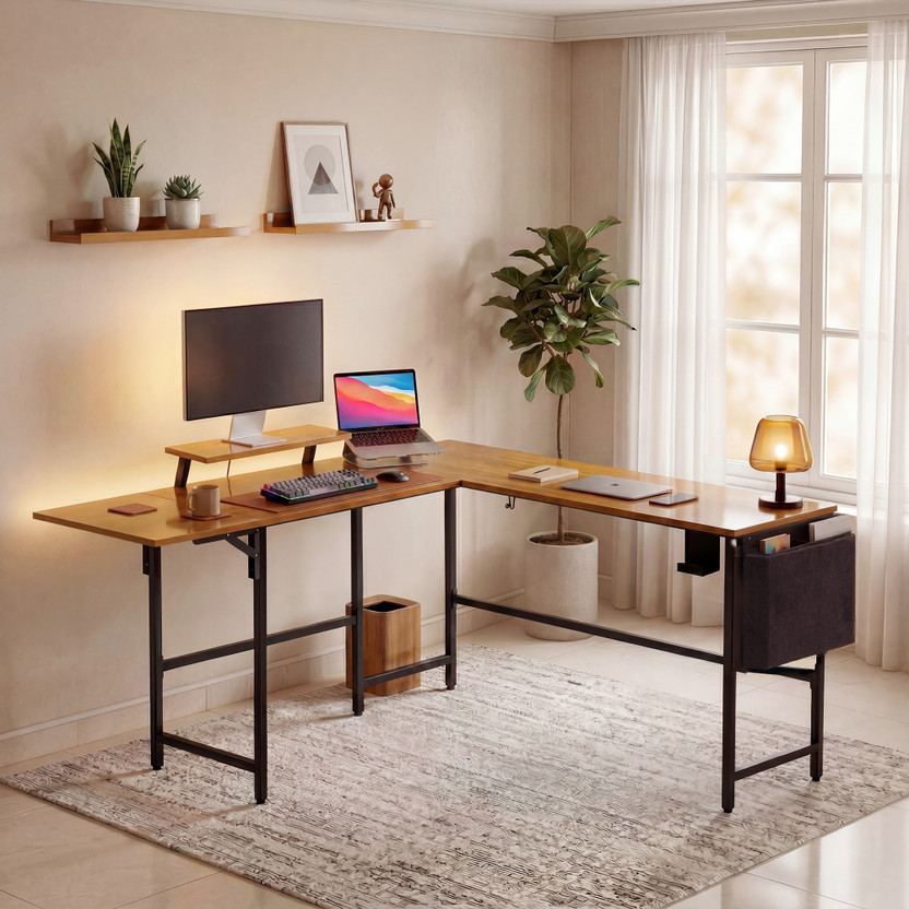 GREEN SOUL Summit L-Shaped Computer Table for Home PC and Office | Gaming Desk with Desk Engineered Wood Multipurpose Table(Free Standing, Finish Color - Coach Wood Yellow, DIY(Do-It-Yourself))