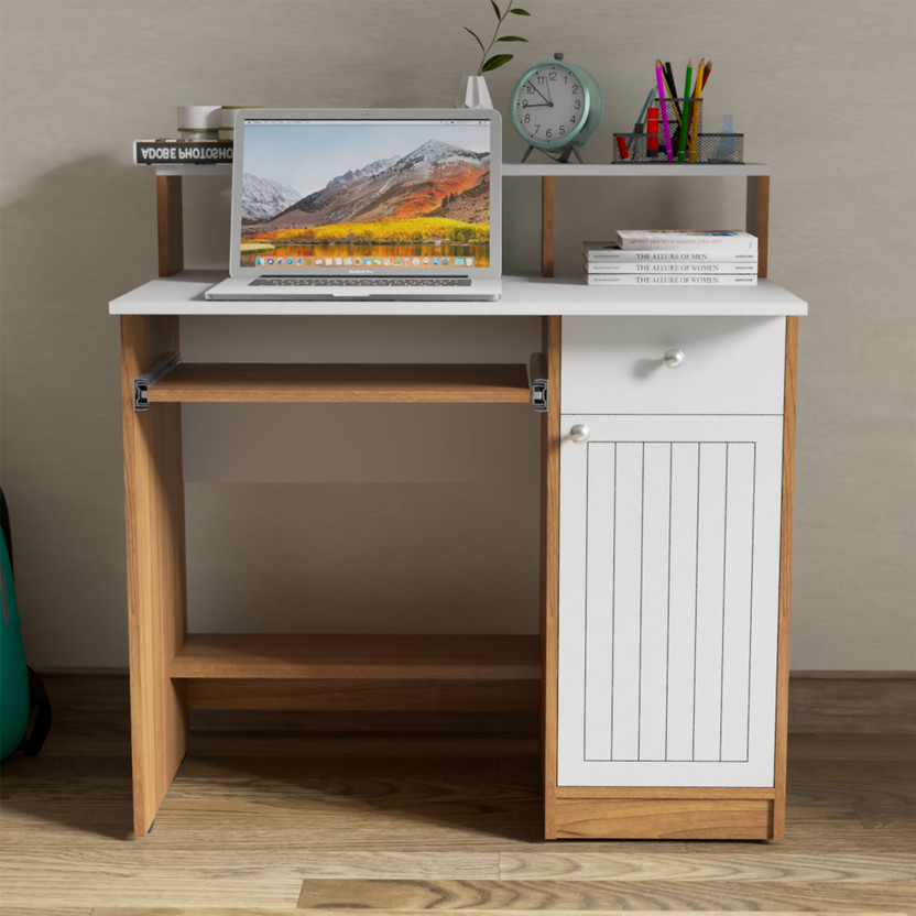 neuspace Amber with Hutch Engineered Wood Study Table(Free Standing, Finish Color - Leon Teak with Fluted, Knock Down)