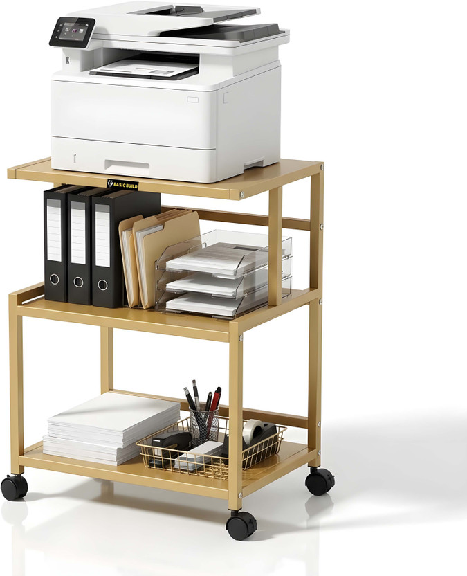 basic build 3 Tier Rolling Utility Rack for Home Office, Scanner & File Organizer (Golden) Metal Office Table(Free Standing, Finish Color - golden, DIY(Do-It-Yourself))