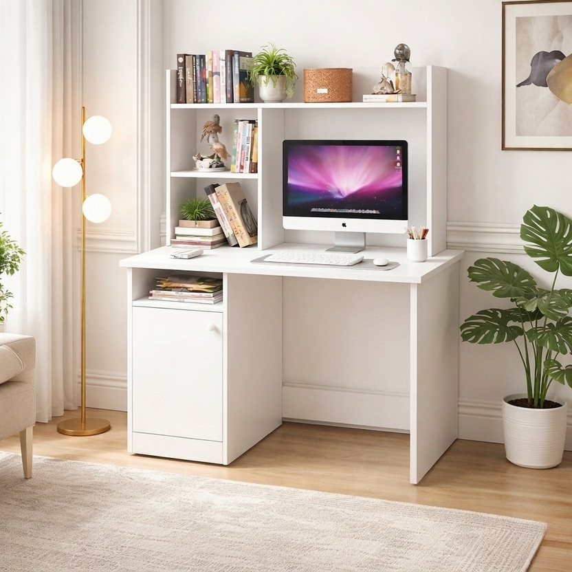 Flipkart Perfect Homes Multipurpose Portable Study Desk with Hutch Storage & Shelves for Home Office Engineered Wood Study Table(Free Standing, Finish Color - White, DIY(Do-It-Yourself))