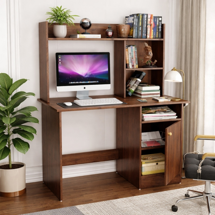 Flipkart Perfect Homes Multipurpose Portable Study Desk with Hutch Storage & Shelves for Home Office Engineered Wood Study Table(Free Standing, Finish Color - Walnut, DIY(Do-It-Yourself))