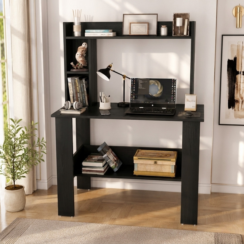 Flipkart Perfect Homes Multipurpose Portable Study Desk with Hutch Storage & Shelves for Home Office Engineered Wood Study Table(Free Standing, Finish Color - Black, DIY(Do-It-Yourself))