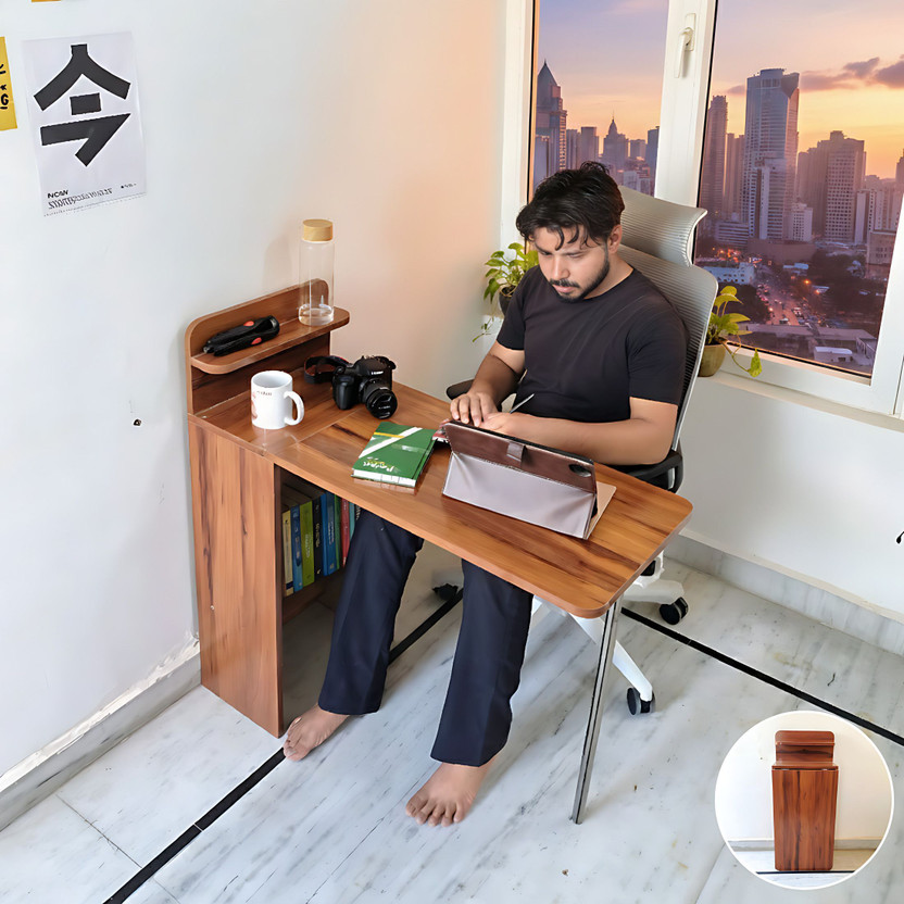 Asaroy Smart Folding Study Table desk for Home office with Storage & Space Saving Engineered Wood Multipurpose Table(Wall Mounted, Finish Color - warm reddish-brown wood finish, DIY(Do-It-Yourself))