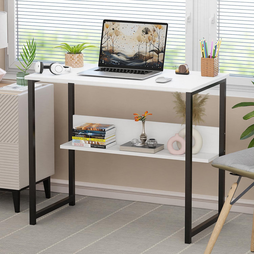 LUKZER Study Desk with Open Shelf (MST-004) Engineered Wood Study Table(Free Standing, Finish Color - Black & White, DIY(Do-It-Yourself))