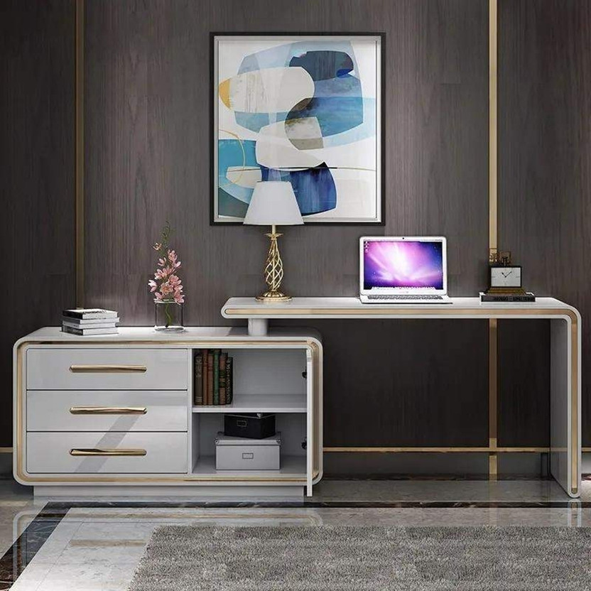 KDINTERIORS Modern White " L-Shaped Desk Corner Computer Desk with Cabinet Engineered Wood Office Table(Free Standing, Finish Color - White, Pre-assembled)