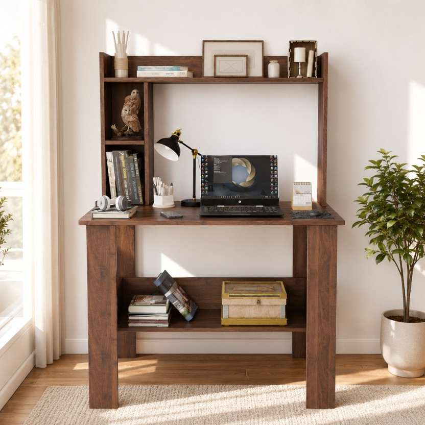 Flipkart Perfect Homes Multipurpose Portable Study Desk with Hutch Storage & Shelves for Home Office Engineered Wood Study Table(Free Standing, Finish Color - Walnut, DIY(Do-It-Yourself))