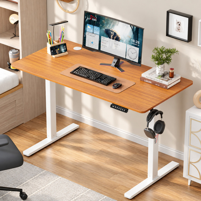 LUKZER Electric Height Adjustable Study Table Sit Stand Desk (EST-003) Engineered Wood Office Table(Free Standing, Finish Color - White & Oak Brown, DIY(Do-It-Yourself))