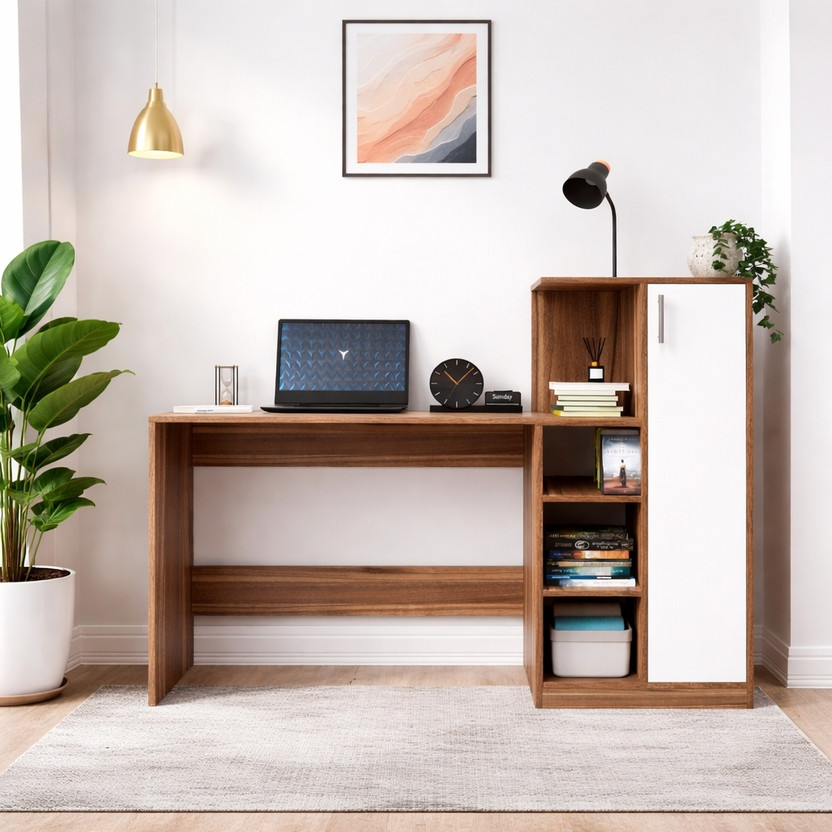 Flipkart Perfect Homes Multipurpose Portable Study Desk with Hutch Storage & Shelves for Home Office Engineered Wood Study Table(Free Standing, Finish Color - Noce lyon & White, DIY(Do-It-Yourself))