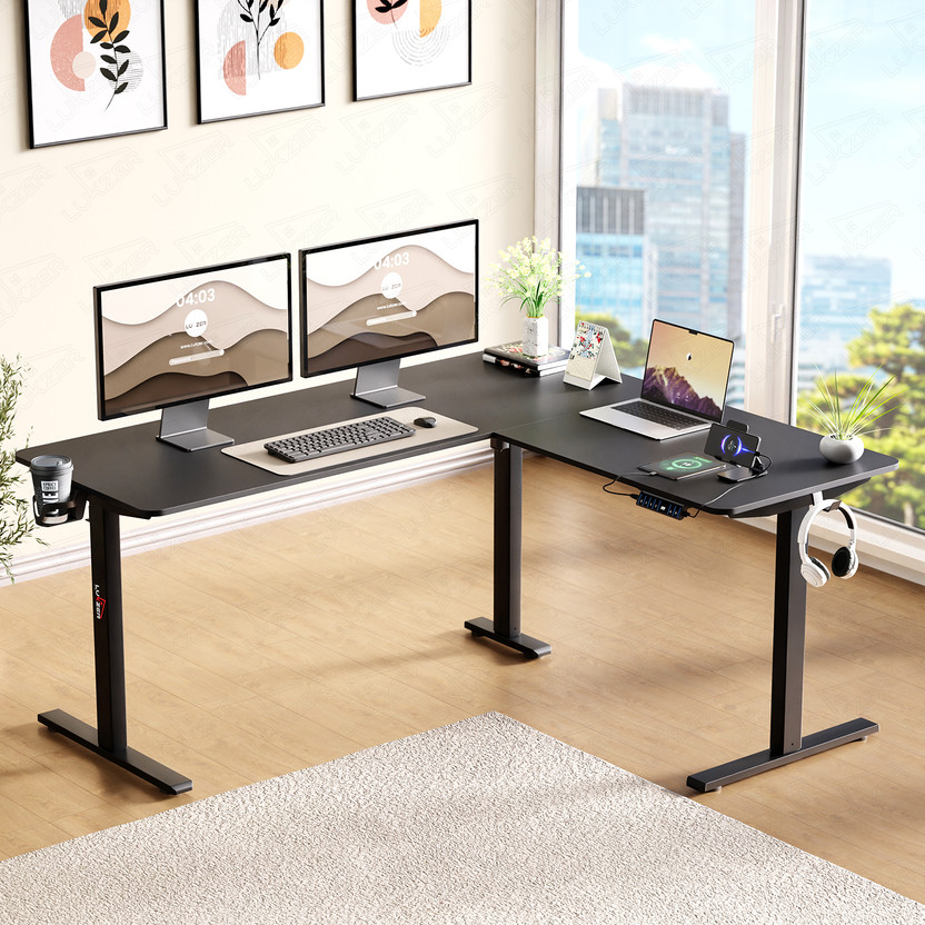 LUKZER EST-001/UC L-Shape Electric Height Adjustable Desk with USB & Type-C Engineered Wood Multipurpose Table(Free Standing, Finish Color - Black & Black, DIY(Do-It-Yourself))