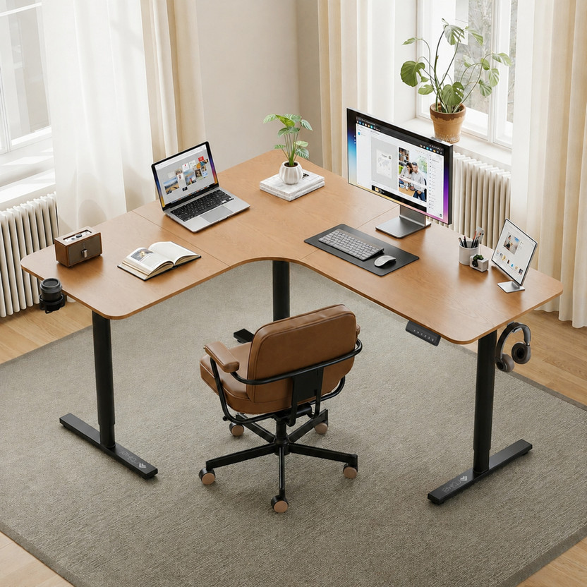 Artikel Ergonomic L-Shaped Electric Desk for Office & Home | 100 Kg Load | 160×140×60 cm Engineered Wood Office Table(Free Standing, Finish Color - Brown, DIY(Do-It-Yourself))