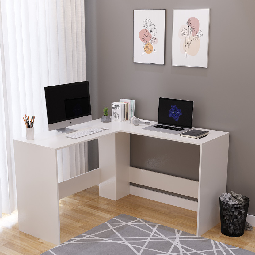 FURNEASER Everino L Shape Computer Table, Workstation WFH Table Study Desk, Engineered Wood Office Table(Free Standing, Finish Color - White, DIY(Do-It-Yourself))