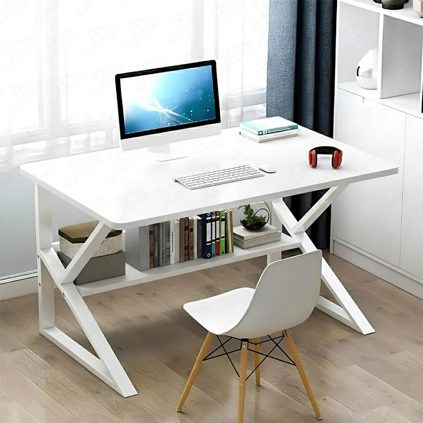 LUKZER Computer Desk with Metal Legs Modern Simple Style Study Desk Engineered Wood Study Table(Free Standing, Finish Color - White & White, DIY(Do-It-Yourself))