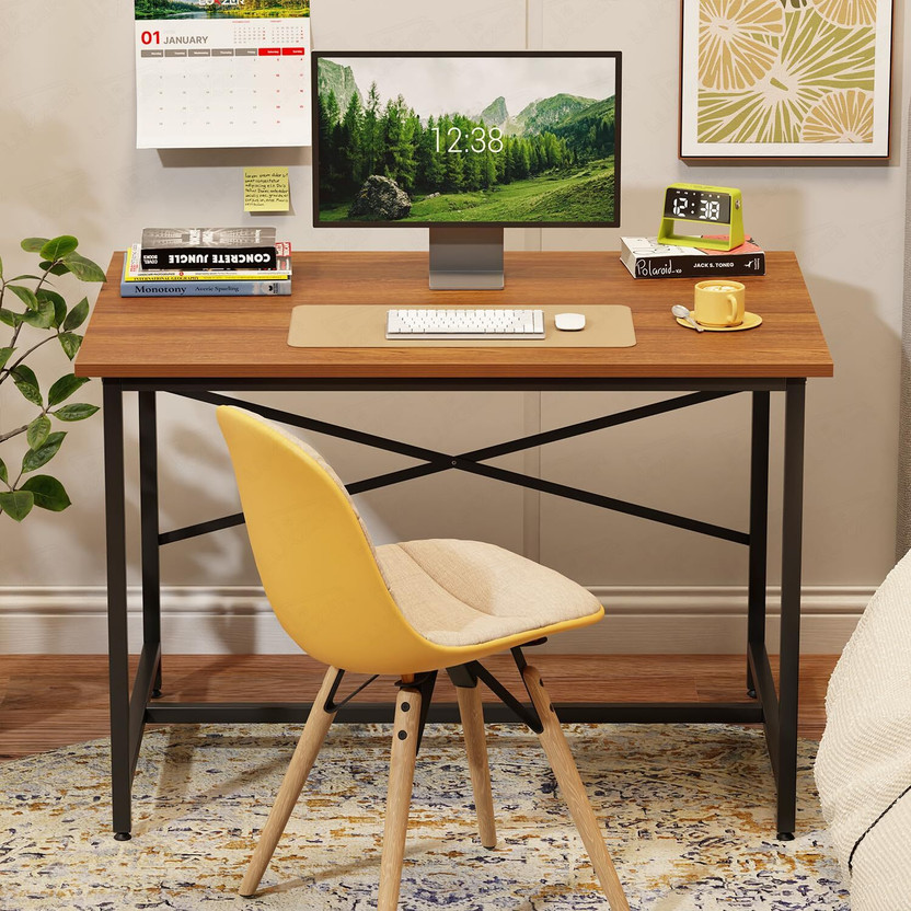 LUKZER MST-008 X-Support Metal Computer Desk Engineered Wood Study Table(Free Standing, Finish Color - Black & Oak Brown, DIY(Do-It-Yourself))