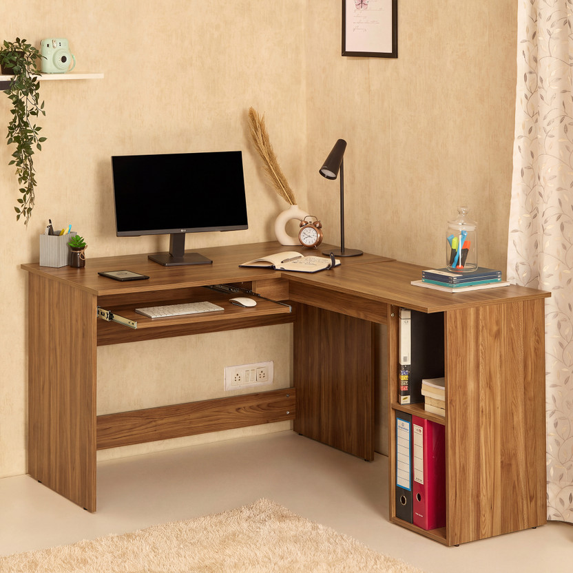 GREEN SOUL Brixton L-Shaped Corner Desk (4ft+4.5ft) With Keyboard Tray & 2 Storage Shelves Engineered Wood Multipurpose Table(Free Standing, Finish Color - Latin Walnut, Knock Down)