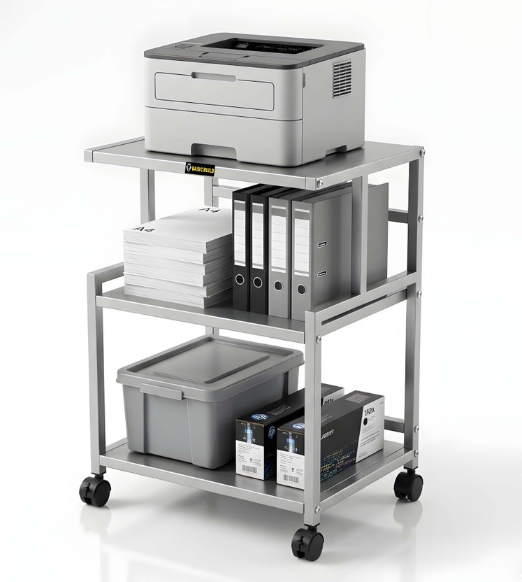 basic build 3 Tier Mobile Printer Table for Office, Study Room & Workspace (Silver) Metal Office Table(Free Standing, Finish Color - Silver, DIY(Do-It-Yourself))
