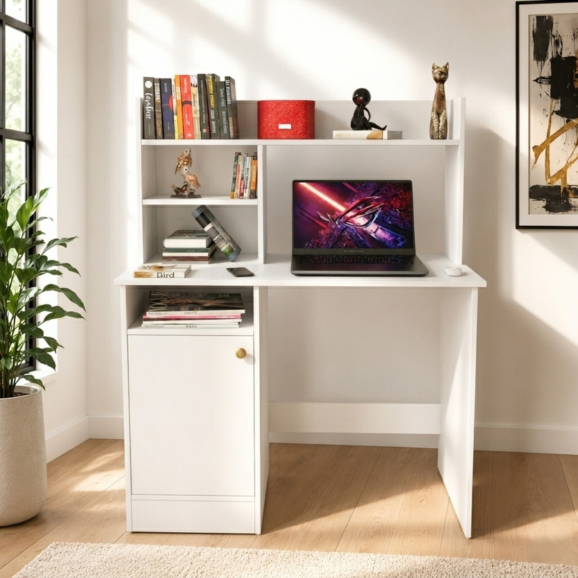 Flipkart Perfect Homes Multipurpose Portable Study Desk with Hutch Storage & Shelves for Home Office Engineered Wood Study Table(Free Standing, Finish Color - White, DIY(Do-It-Yourself))