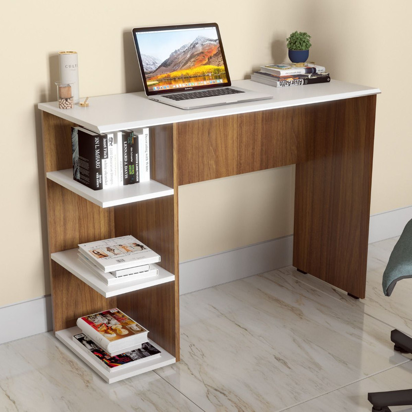 neuspace Venus Study Table with 3 Tier Open Bookshelf Lower Storage Engineered Wood Study Table(Free Standing, Finish Color - Leon Teak White, Knock Down)