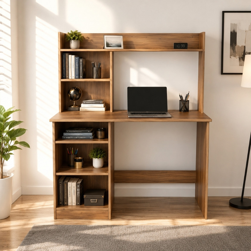 Flipkart Perfect Homes Multipurpose Portable Study Desk with Hutch Storage & Shelves for Home Office Engineered Wood Study Table(Free Standing, Finish Color - Noce Lyon, DIY(Do-It-Yourself))