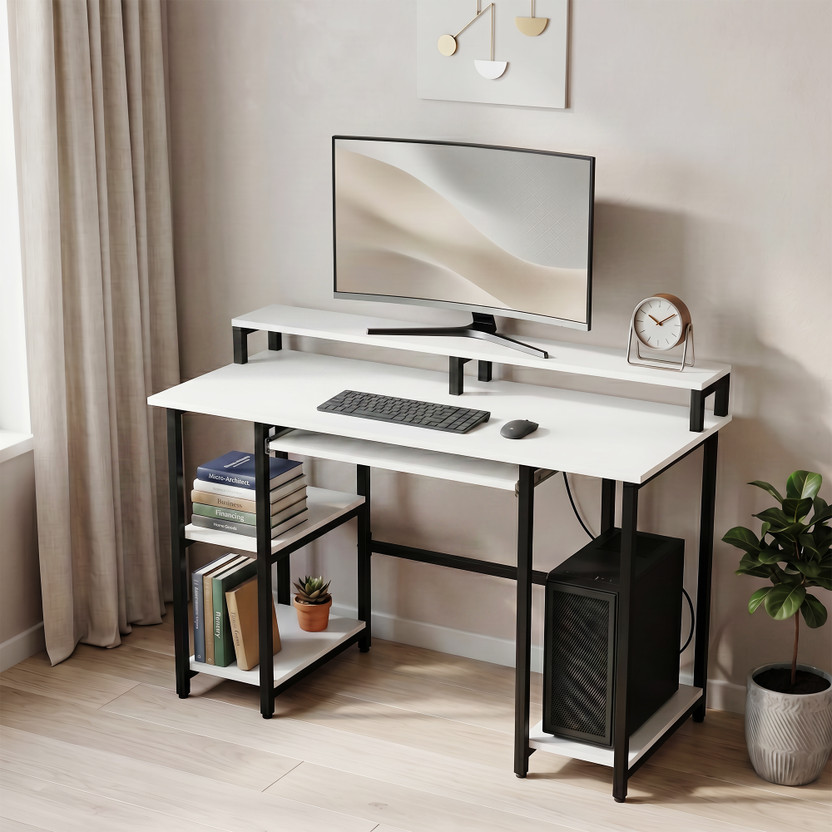 GREEN SOUL Venture Computer Table for Home Office with Keyboard Tray & Monitor Riser Engineered Wood Office Table(Free Standing, Finish Color - Frosty White, Knock Down)