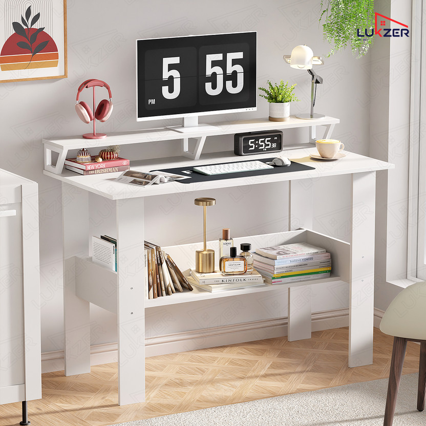 LUKZER LUKZER Study Table with Monitor Riser & Open Book Shelf (MST-004/White) Engineered Wood Study Table(Free Standing, Finish Color - White, DIY(Do-It-Yourself)) - Flipkart Deal