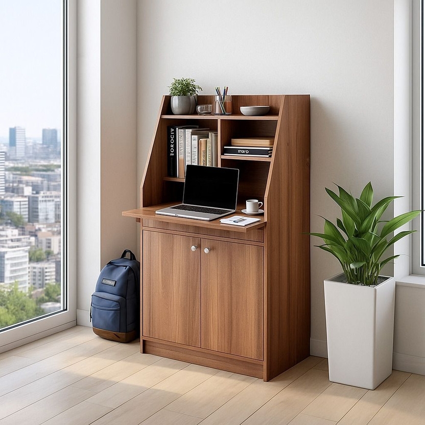 neuspace WOW Laptop Desk with Cabinet & Top Storage Shelves Engineered Wood Study Table(Free Standing, Finish Color - Leon Teak, Knock Down)