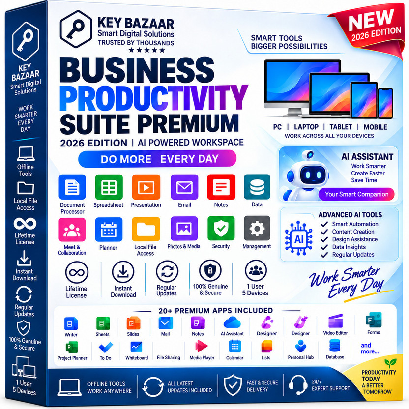 Key Bazaar Pro Plus 2026 AI, 5 Devices, Lifetime, PC & Mobile, 100GB Cloud 2026 Both 32 and 64
