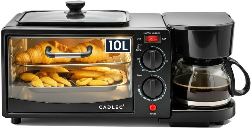 Cadlec 10-Litre 3 in 1 Breakfast Maker With Oven, Coffee Maker, Frying Pan Adjustable Temperature & Timer, Bake, Grill & Toast Oven Toaster Grill OTG MultiChef Pro, Black